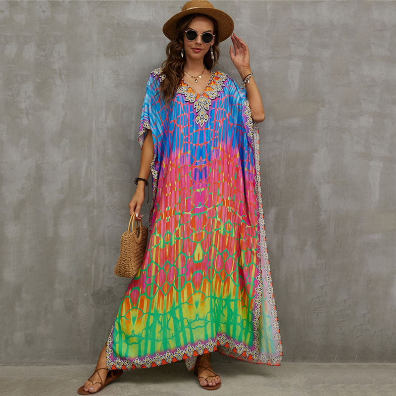 Rayon Positioning Printing Beach Cover Up V Neck Robe Vacation Skirt Bikini Cover