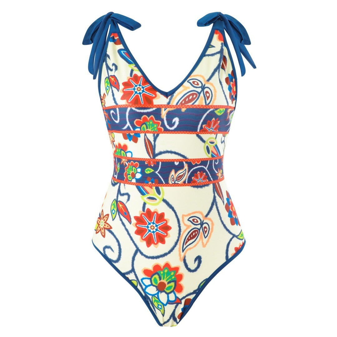 French One Piece Two Piece Set Swimsuit Digital Printing Sheath Gauze Skirt Conservative Swimwear Women