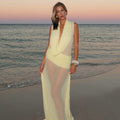 Summer Women Clothing Solid Color Sexy Swing Collar Mesh See through Maxi Dress
