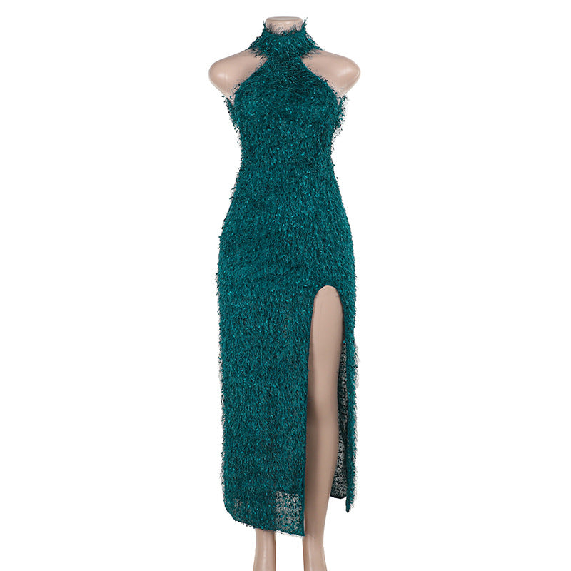 Halter Fur Texture Split Backless Dress Women Sexy Slim Fit Hip