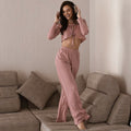 Autumn Winter Long Sleeve Lace up Trousers Two Piece Pajamas Knitted Sunken Stripe Ladies Homewear