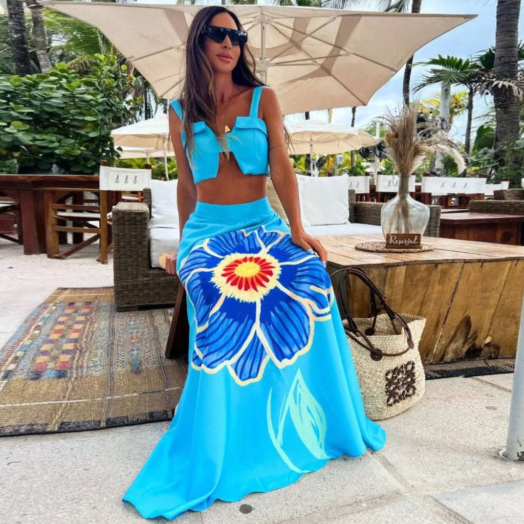 Retro Large Printed Beach Skirt Set Sexy Split Two Piece Sets