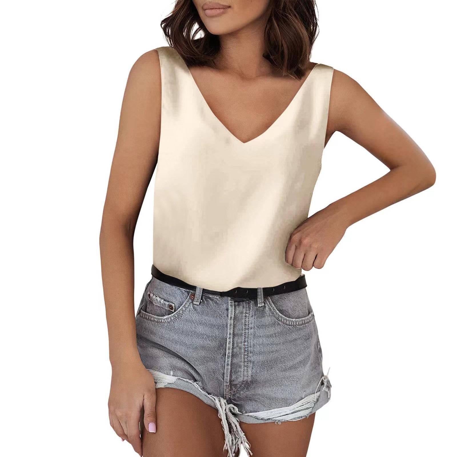Solid Color Satin Vest V neck Casual Camisole Sleeveless Shirt Summer Basic