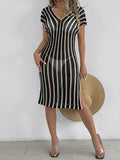 Women Beach Beach Cover Up Women Clothing Deep V Plunge-neck Hollow Out Cutout out Color Contrast Patchwork Striped Slit Dress