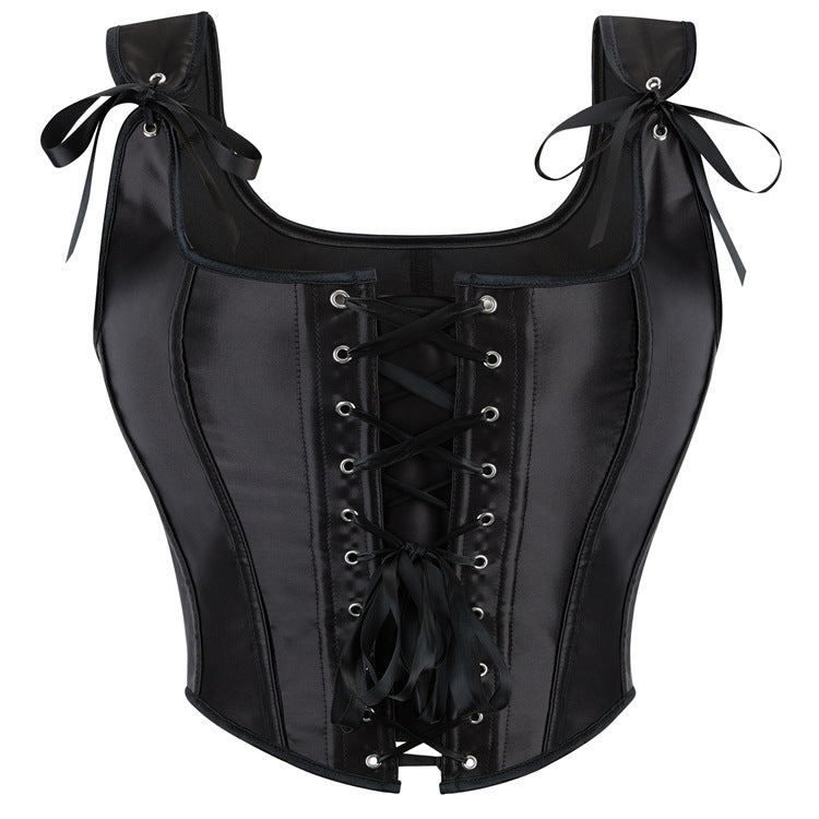Design Black Satin Sexy Lace up Corset Breasts Support Push up Slim Fit Sweet Cool Vest Outer Wear Back