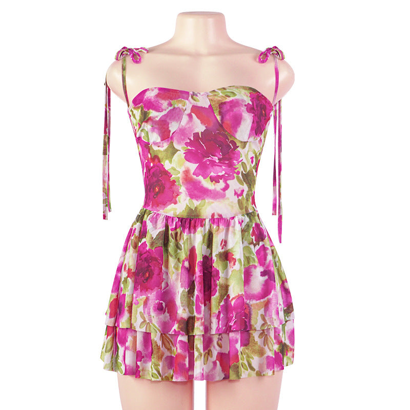 Summer Sleeveless Floral Print Straps Tulle Short Dress