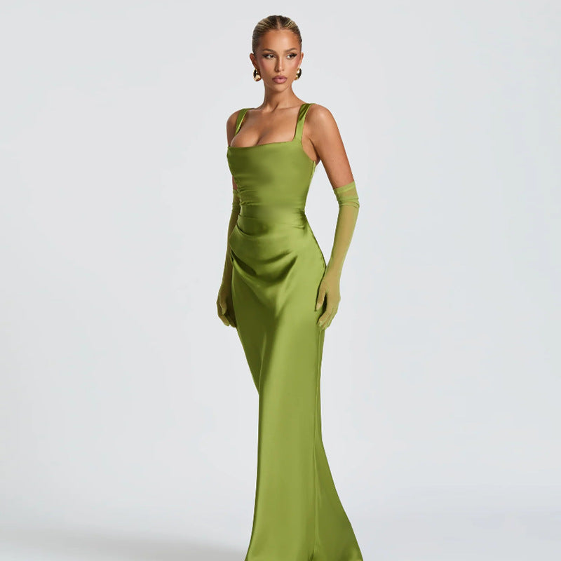 Socialite Sexy Dress Elegant Backless Satin Sheath Suspender Dress