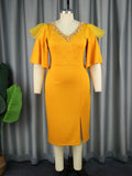 Plus Size V neck Bead Dress Boutique Women Clothes Flared Sleeves One-Step Dress