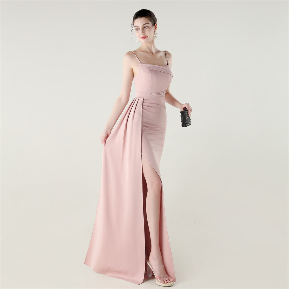 Camisole Tube Top Satin Pleated Fishtail High Slit Evening Dress Elegant Slim Dress for Dinner Ceremony