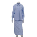 Women Cotton Split Skirt Office Collared Long Sleeve Cardigan Top Two Piece Set