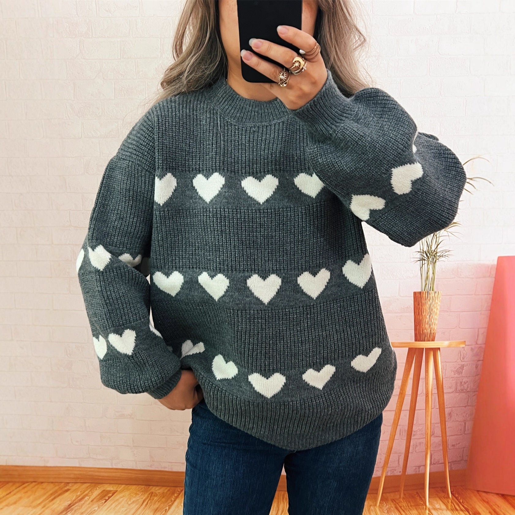 Autumn Winter Contrast Color Heart Knitted Top Crew Neck Casual Loose Warm Office Sweater for Women
