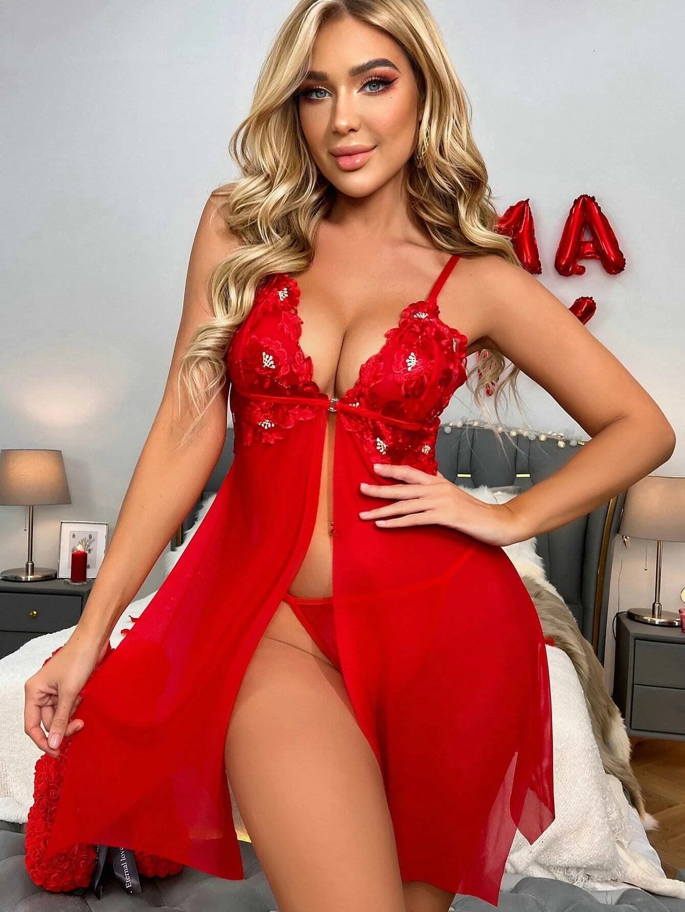 Sexy Red Mesh Camisole Nightdress Sexy Suit