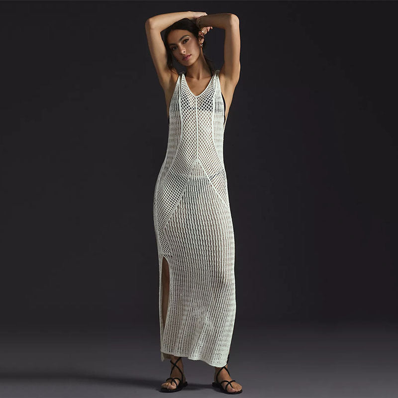 Knitted Beach Cover-up Sexy Hollow Out Cutout Split Vacation Skirt Dress Bikini Cover