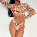 Bikini Swimsuit Three-Piece Set Sexy Printed Long Sleeve Two-Piece Swimsuit Women Lace-up Take-out Bikini