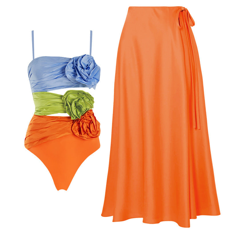 Color Matching Floral Decoration Hollow Out Cutout Tube Top One Piece Swimsuit Suit Skirt Women