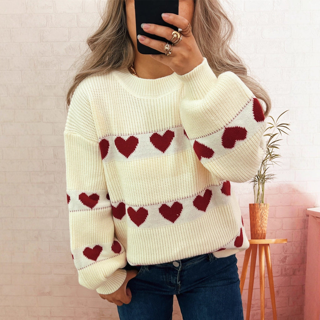 Autumn Winter Contrast Color Heart Knitted Top Crew Neck Casual Loose Warm Office Sweater for Women