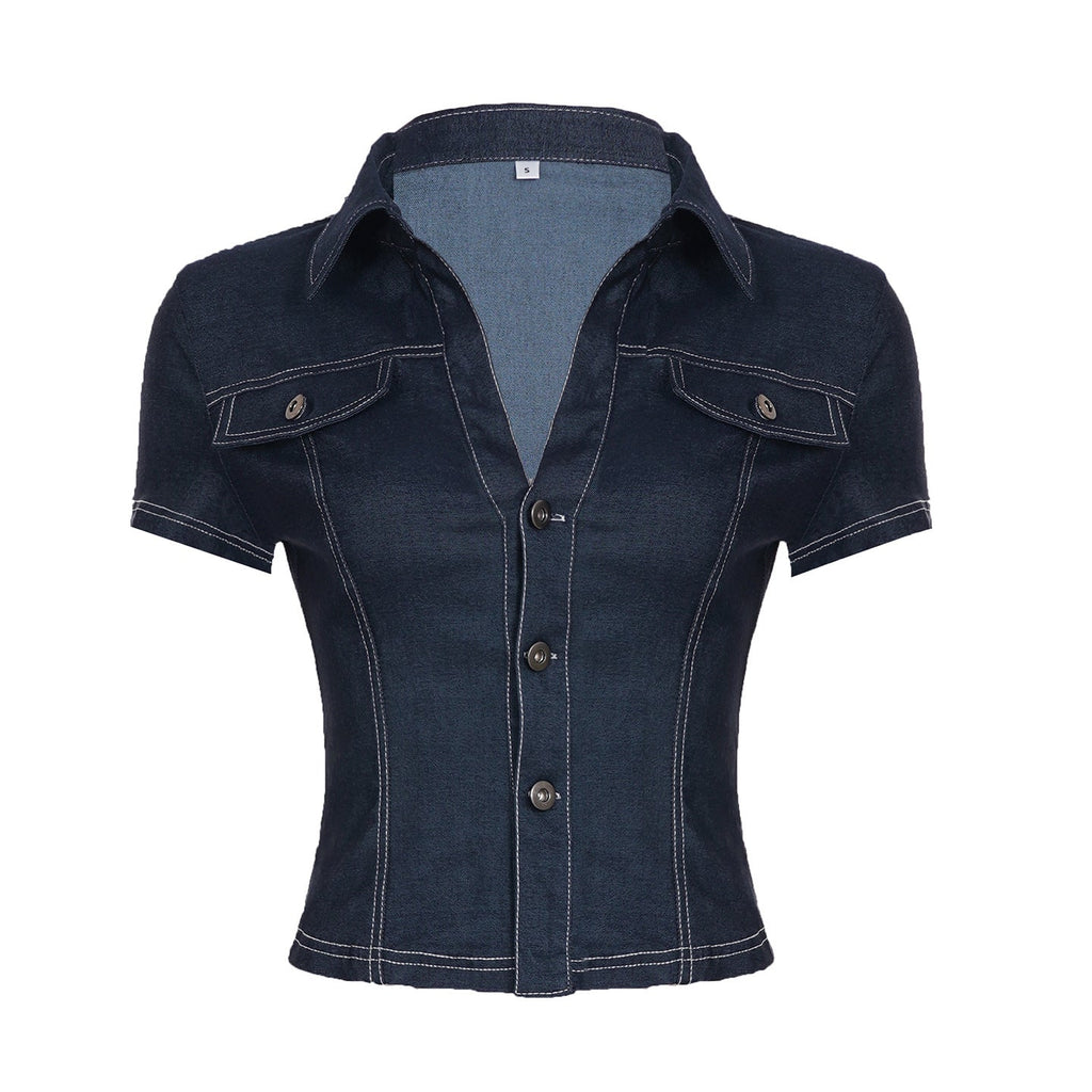 Women Clothing Street Tooling Imitation Denim Slim Pocket Lapels Slimming Short Sleeve Shirt Women