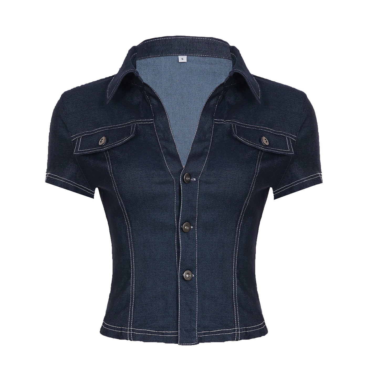 Women Clothing Street Tooling Imitation Denim Slim Pocket Lapels Slimming Short Sleeve Shirt Women