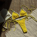 Contrast Color Bow Flounce Trim Lace up Sexy Backless Split Swimsuit Bikini