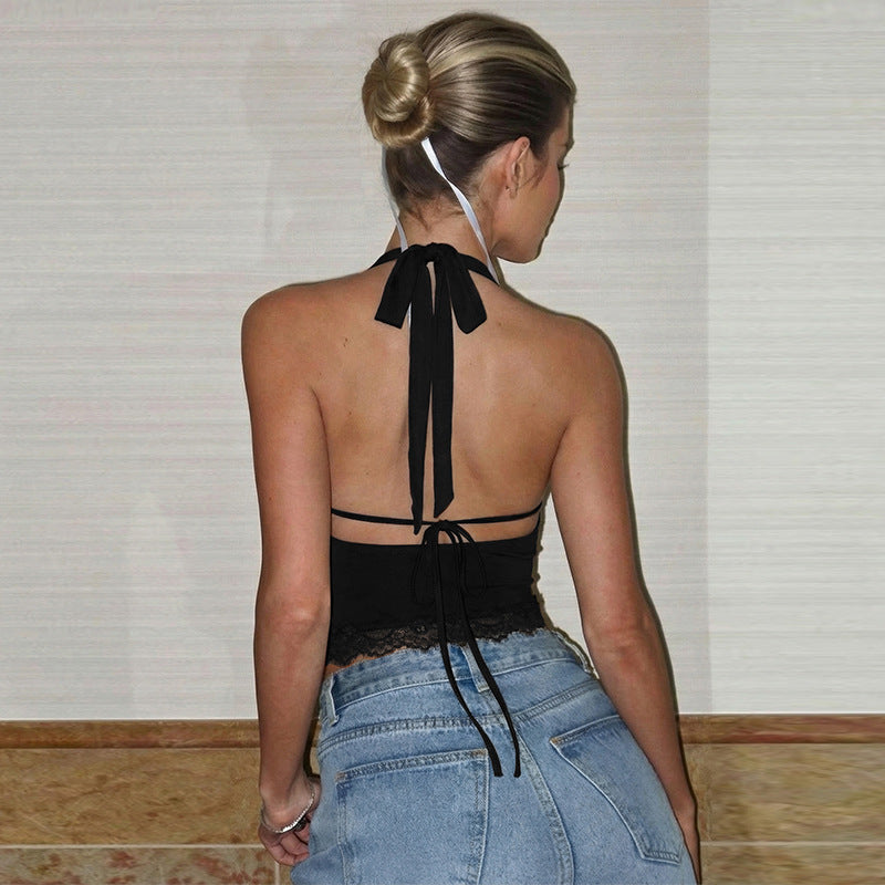 Lace Stitching Swing Collar Halterneck Vest Women Winter Sexy Inner Wear Outer Wear Slim Fit Tied Top Women