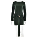 Sexy Elegant Women Slim Fit round Neck Hip Dress Arrival Lace up Tight Long Sleeve Dress