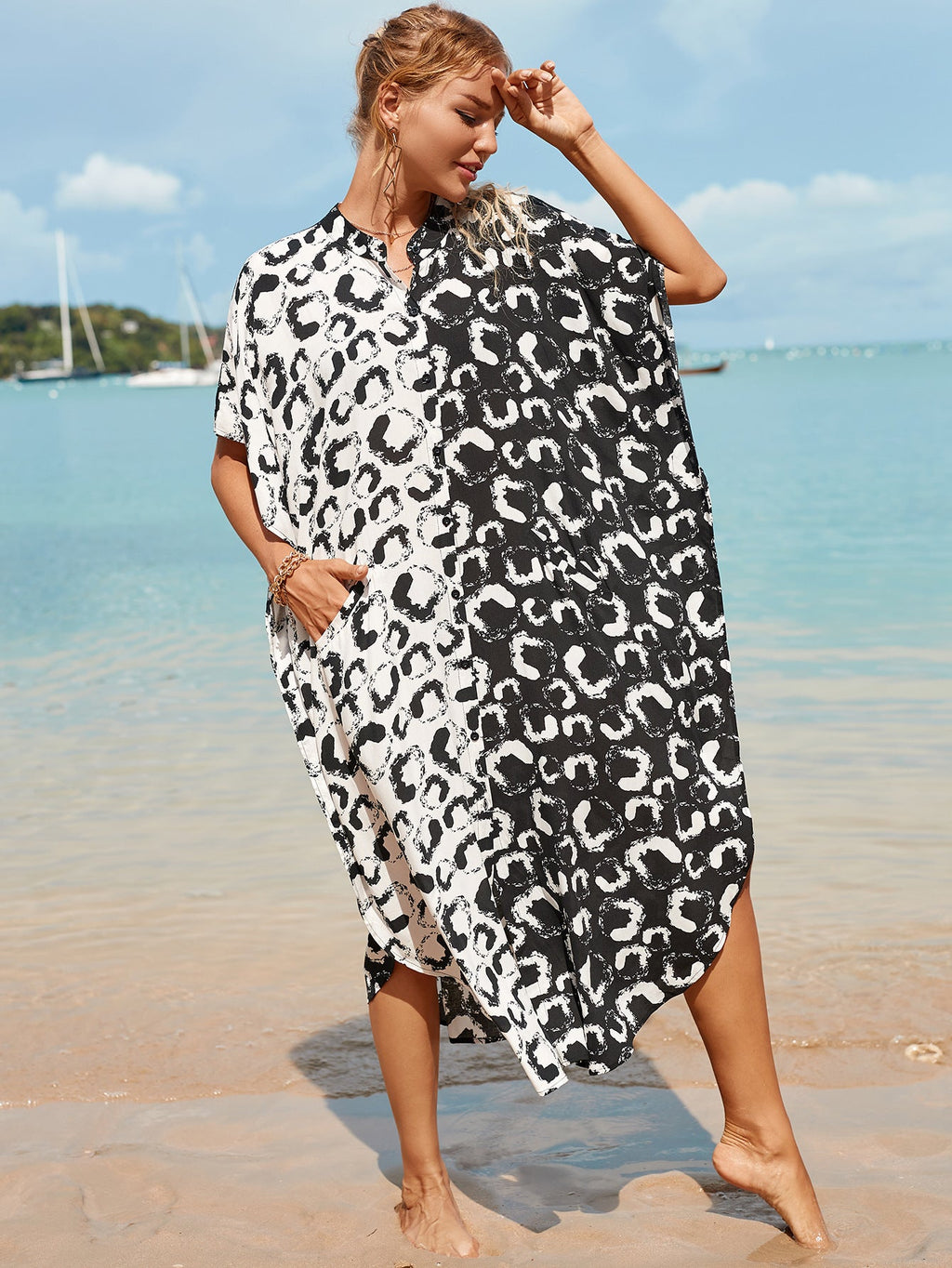 Rayon Printed Loose Long Cardigan Vacation Casual Beach Bikini Cover