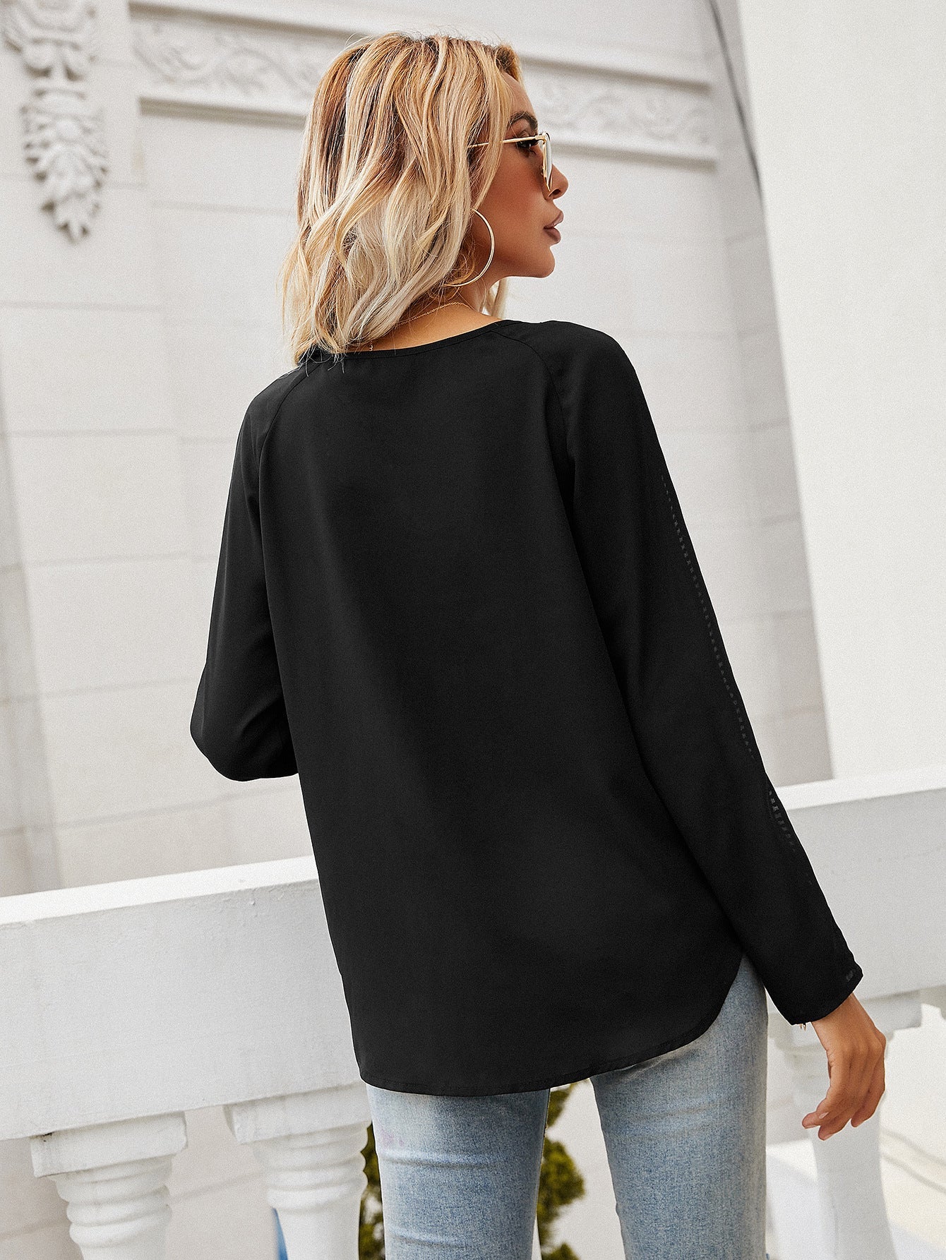 Fall Women Clothing Simple Elegant Sexy Cutout Lace Stitching V neck Top Women