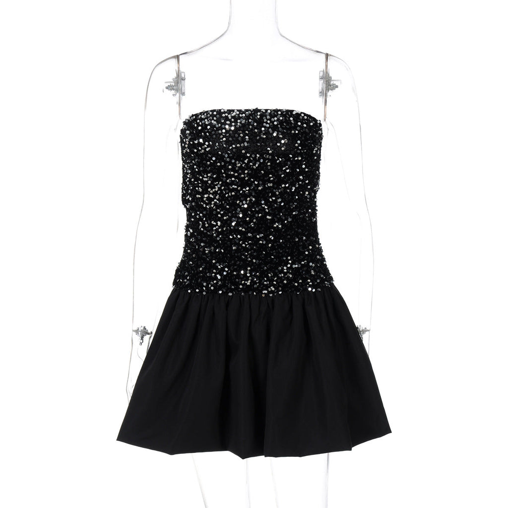Women Clothing Spring Sexy off the Shoulder Tube Top Short Sequin Dress Women