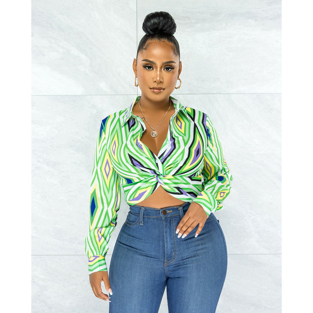 Women Clothing Geometry Pattern Printed Twist Button Shirt Top