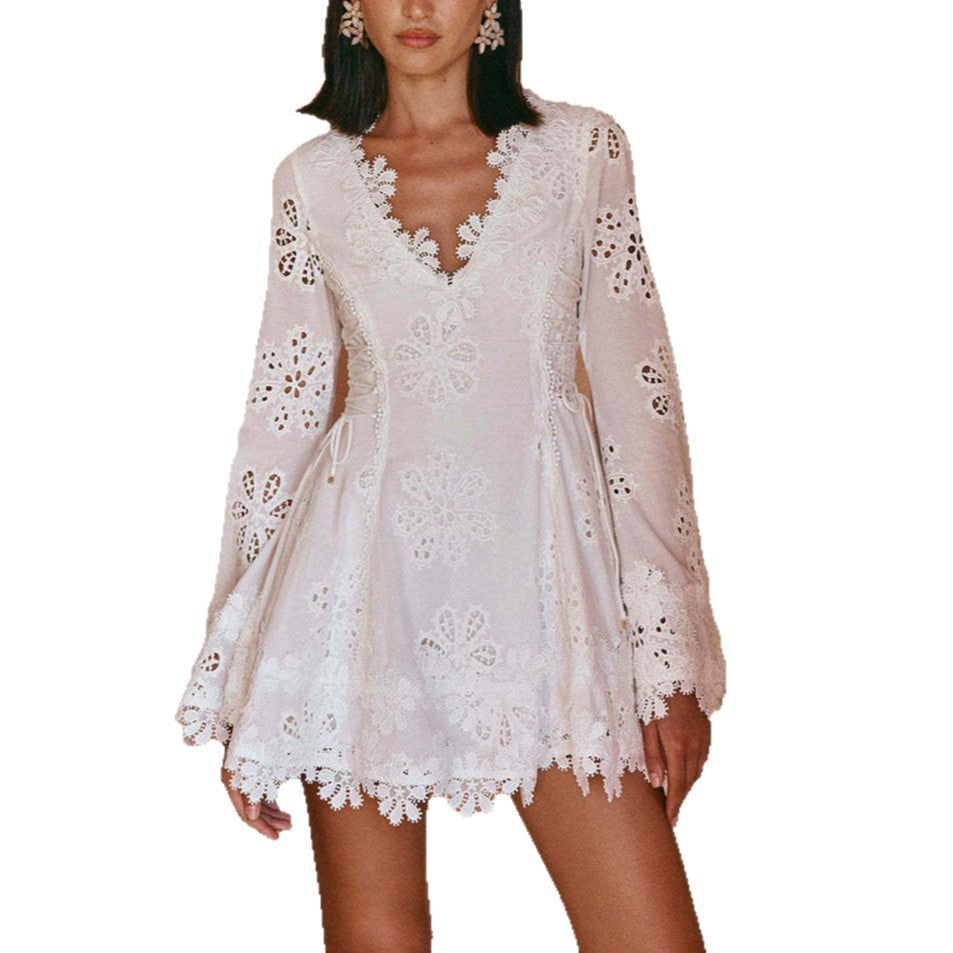 Long Sleeve Tied Lace V neck Slim Fit Dress