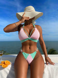 Color Matching Lace up Sunken Stripe High Waist Bikini Sexy Split Swimsuit