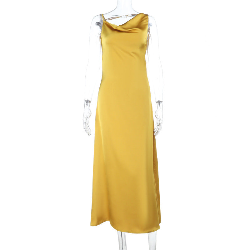 Sling Pockets Collar Sexy Backless Satin Formal Dress Elegant Evening Dress