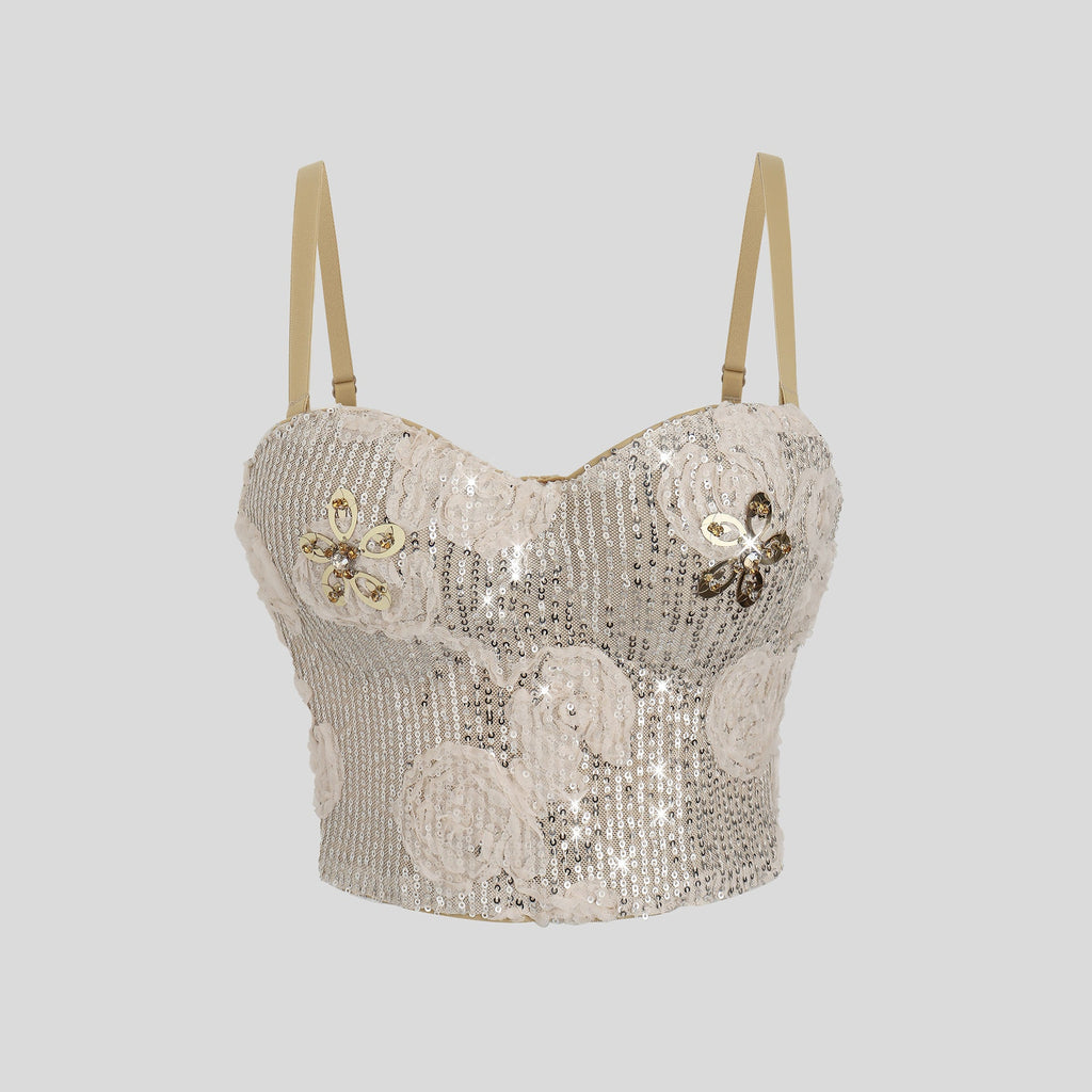 Three Dimensional Floral Sequ French High Waist Petite Super Sexy Boning Corset Sling
