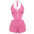 Women Clothing Spring Summer Knitted Sexy Cutout Solid Color Halter Lace up Backless Siamese Shorts Women