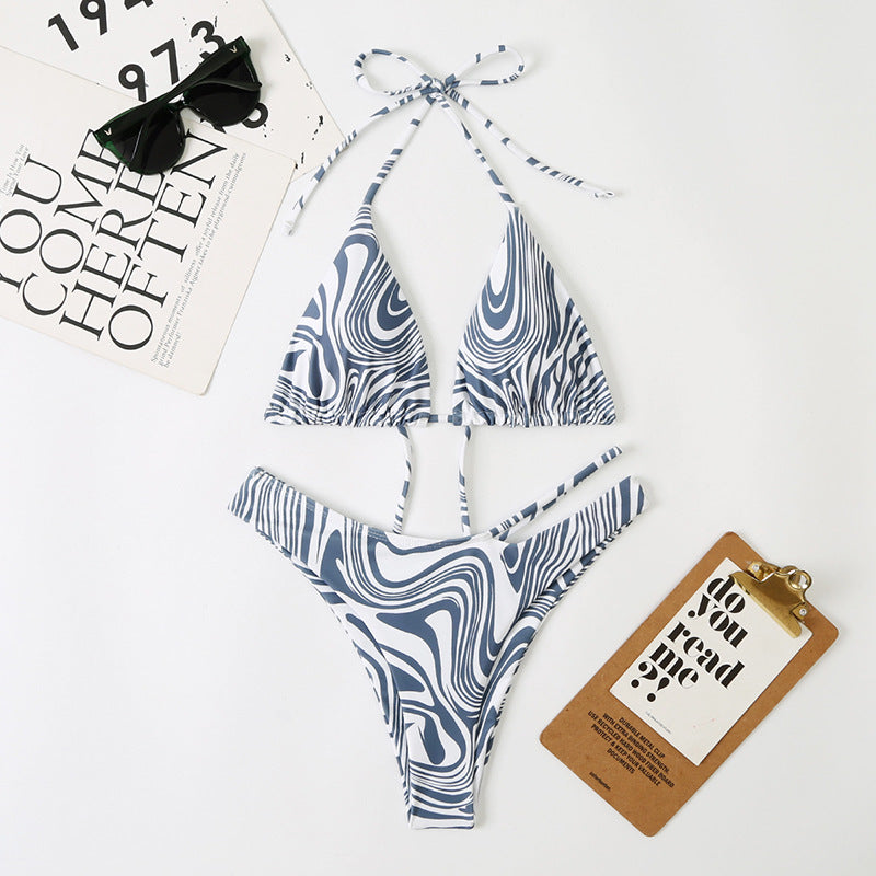 Multi Color Digital Printing Women Split Bikini Lace Up Swimsuit