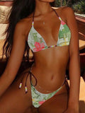 Women Split Swimsuit Colorful Floral Pattern Stitching Triangle Bikini Colorful Beads Lace up Halter Swimsuit