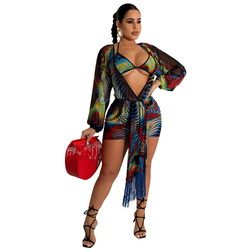 Summer Women Clothing Sexy Mesh See-through Swimsuit Bikini Three-Piece Suit