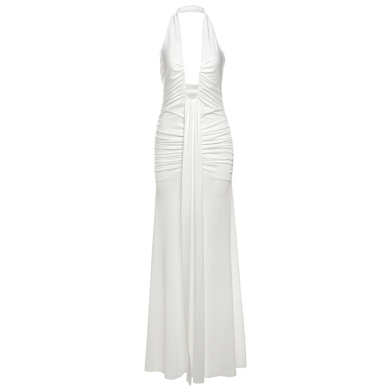 Spring Summer Women Elegant Sexy Deep V Plunge neck Halter Slim Pleated Dress Women