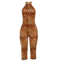 Summer Sexy Backless Halter Lace up Leopard Print Hip Raise Skinny Jumpsuit for Women
