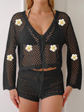 Women Lace up Cardigan Hollow Out Cutout out Woven Shirt Embroidered Floral Stitching Beach Sun Protection Long Sleeved Blouse Casual Coat