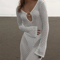 Holiday Front Long Hollow Out Cutout Metal Buckle V neck Long Sleeve Dress Beach Sun Protection Backless Smock Dress