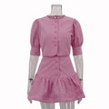 Casual Skirt Outfit Puff Sleeve Short Top Stitching A line Skirt Two Piece Set