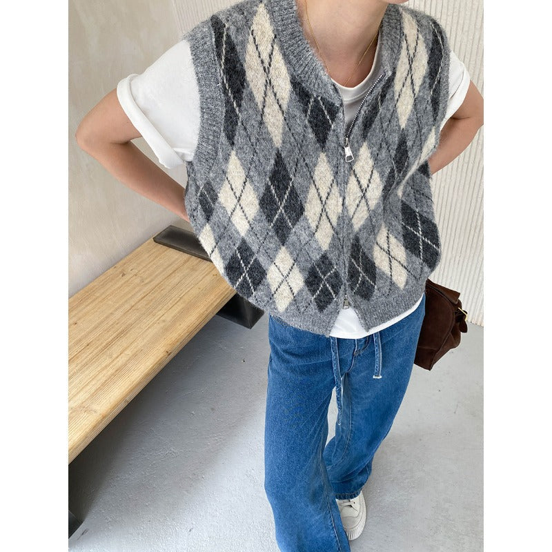 Mid Ancient Design College Hit Color Diamond Lattice round Neck Double Zipper Knitted Vest