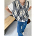 Mid Ancient Design College Hit Color Diamond Lattice round Neck Double Zipper Knitted Vest