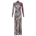 Women Clothing Spring Retro Mesh Personalized Printed Turtleneck Slim Slimming Dress for Women