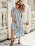 V neck Short Sleeve Hollow Out Cutout Lace Stitching Flounced Pastoral Vacation Dress