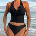 Tankini Solid Color V neck Lace up Sexy Split Bikini Swimsuit Women Swimwear
