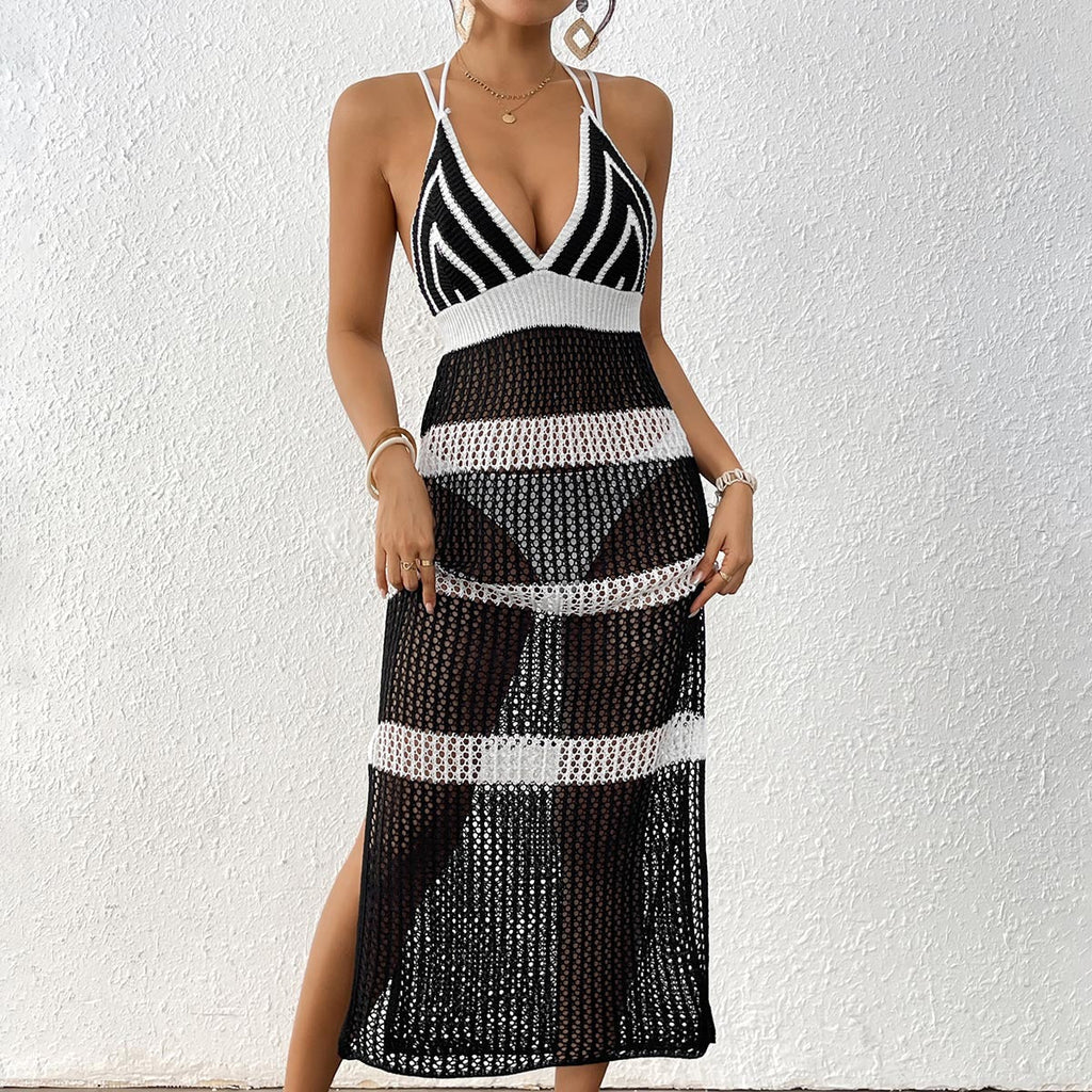 Women Dress Women Clothing Color Contrast Patchwork Suspender Skirt Tied Slim Fit Dress Beach Cover up