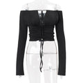 Women Clothing Fall Sexy off Shoulder Solid Color Cropped Hollow Out Cutout out Tied Long Sleeve T shirt Top