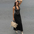 Women Clothing Winter Hollowed out Backless Lace Patchwork Waist Slimming Deep V Plunge Sexy Halter Dress
